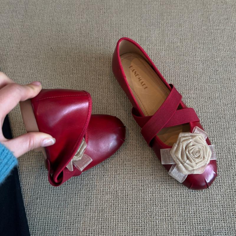 Sheepskin Version Retro Polished Camellia Mary Jane Single Shoes Flat Cross with Light Mouth Versatile Leather Ballet Shoes