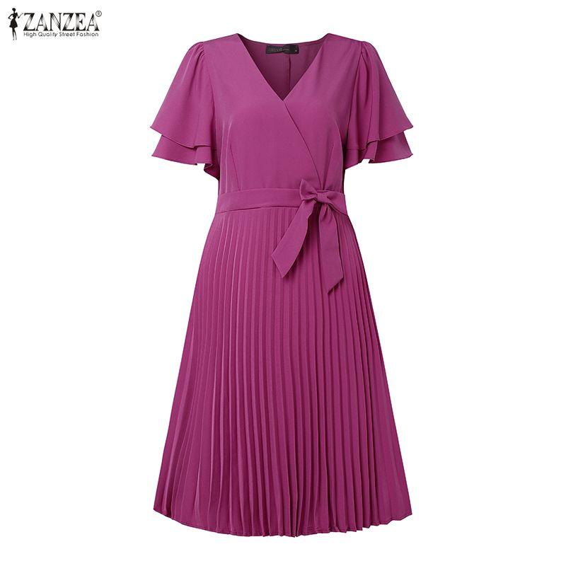 ZANZEA Women Casual V-Neck Summer Short Sleeve Pleated Dress