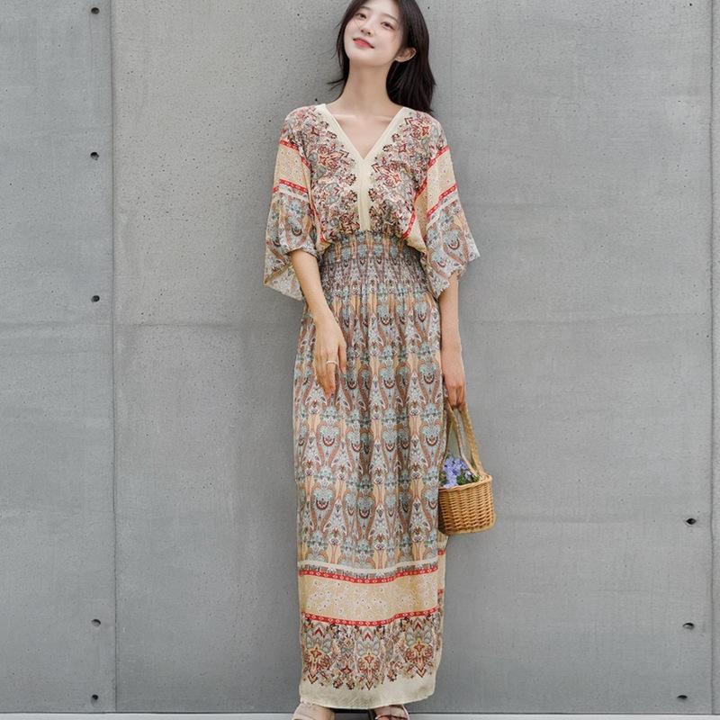 Ethnic Style V-neck Cotton and Silk Short-sleeved French Thai Style Dress for Women's Summer Printing Pastoral Style Skirt for Vacation Wear
