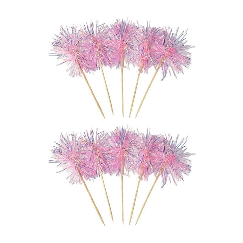 10Pcs Wooden Cake Decorations Colorful Tinsel Cake Insert Sticks Embellishments For Birthday Wedding Anniversary Party