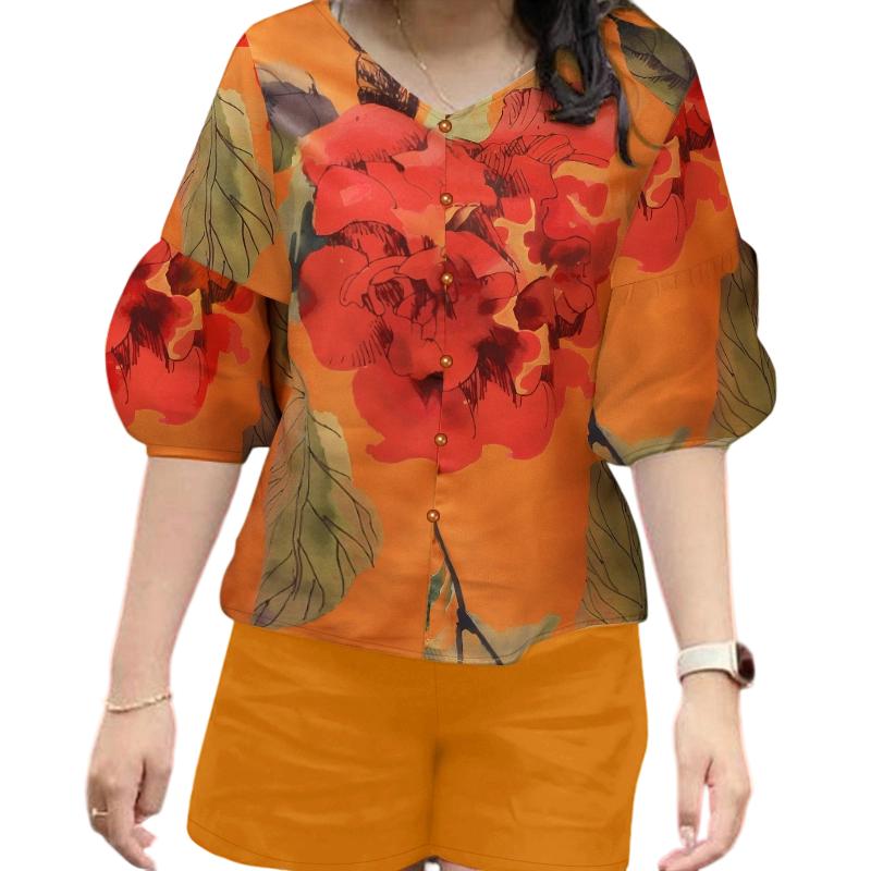 

ZANZEA Женский летний костюм из двух частей: блузка с цветочным принтом и шорты с рукавом 3/4 2XL жёлтый