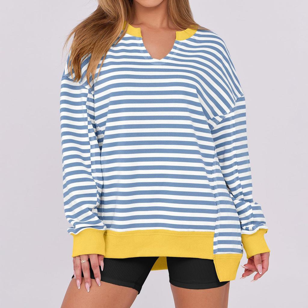 Women's Loose And Comfortable Striped Printed V-neck Loose Sportswear Sweatshirt