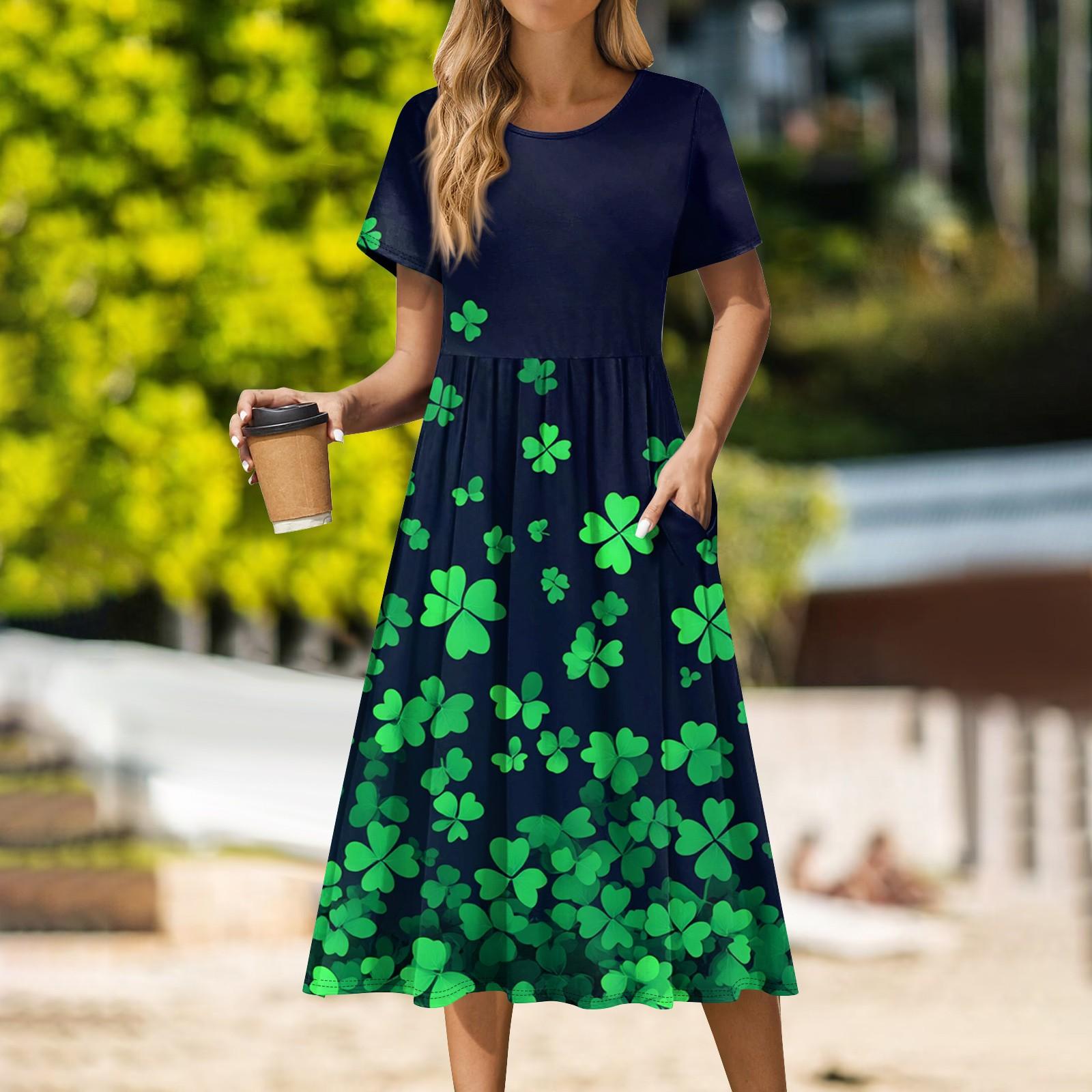 

Женская повседневная одежда St. Платье миди с принтом Патрика, плиссированное, с круглым вырезом, базовое классическое повседневное платье свободного кроя с коротким рукавом XXXXXL