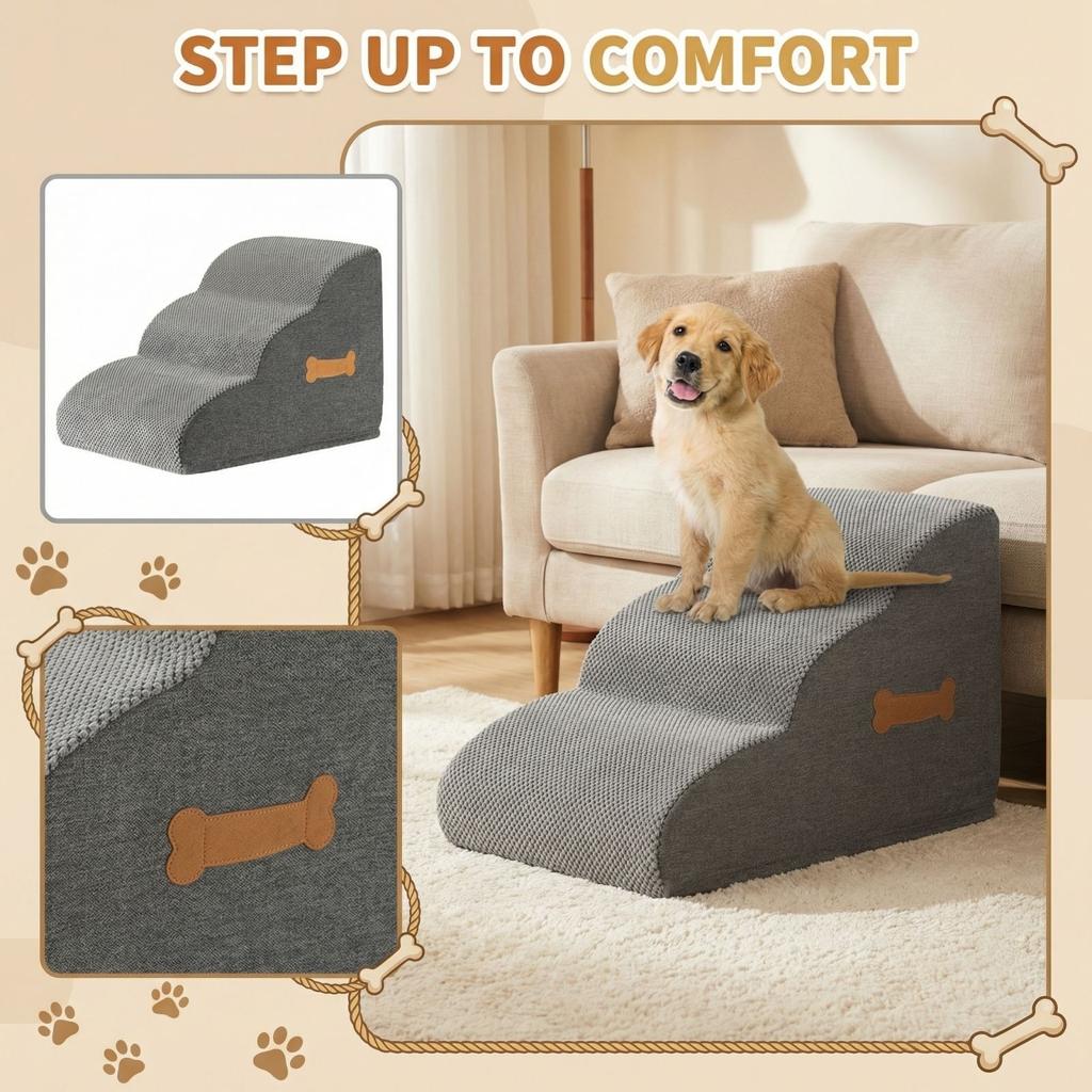 2/3/4-Step Dog Stairs Ramp,  Dog Steps for High Bed Couch Sofa Climbing, 35D Foam Pet Steps for Small Dogs and Cats