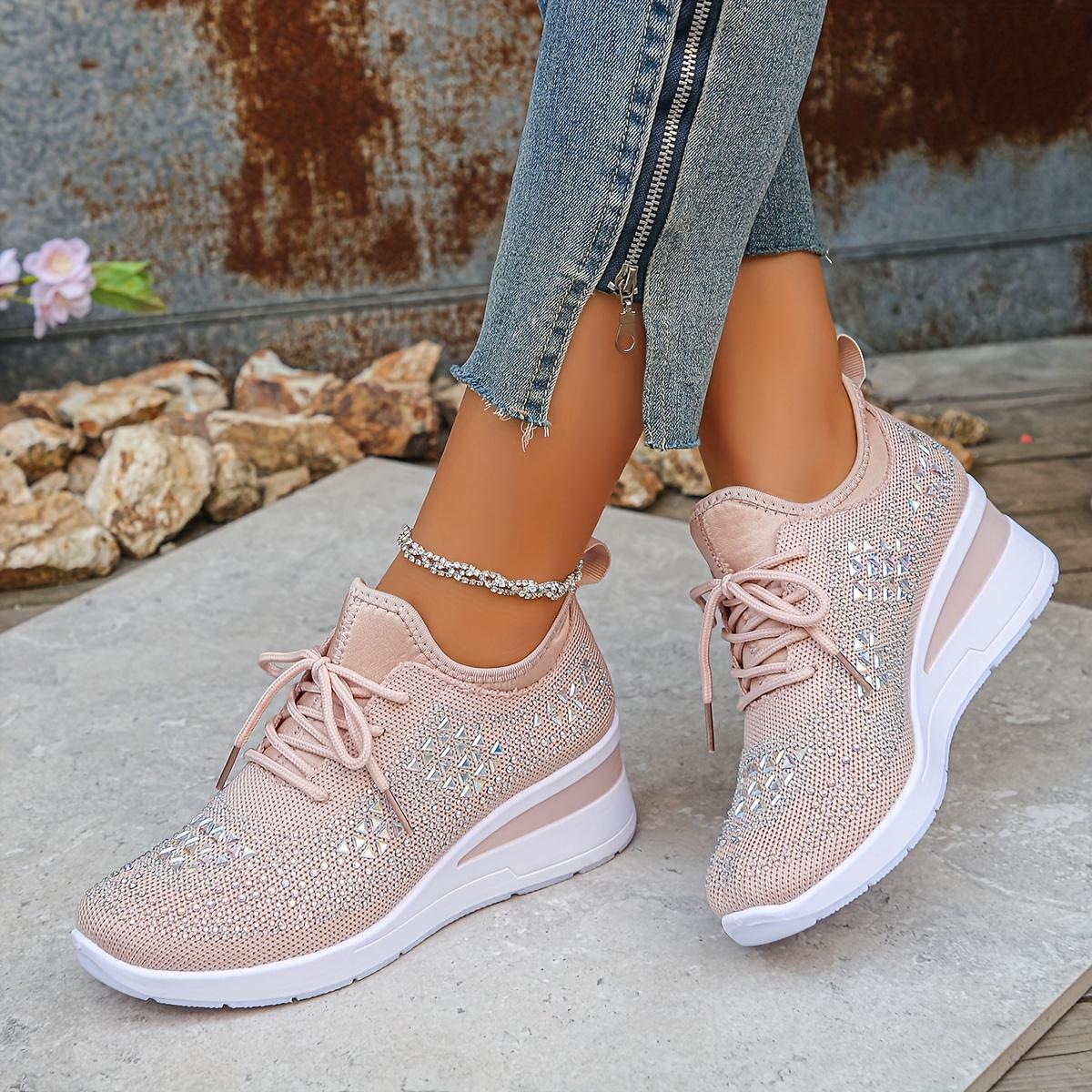 

Glittery Rhinestone Women s Thick Sole Sneakers Breathable Non-Slip Fashion Sneakers with Lace-Up Casual Comfortable Shoes 36 рожевий