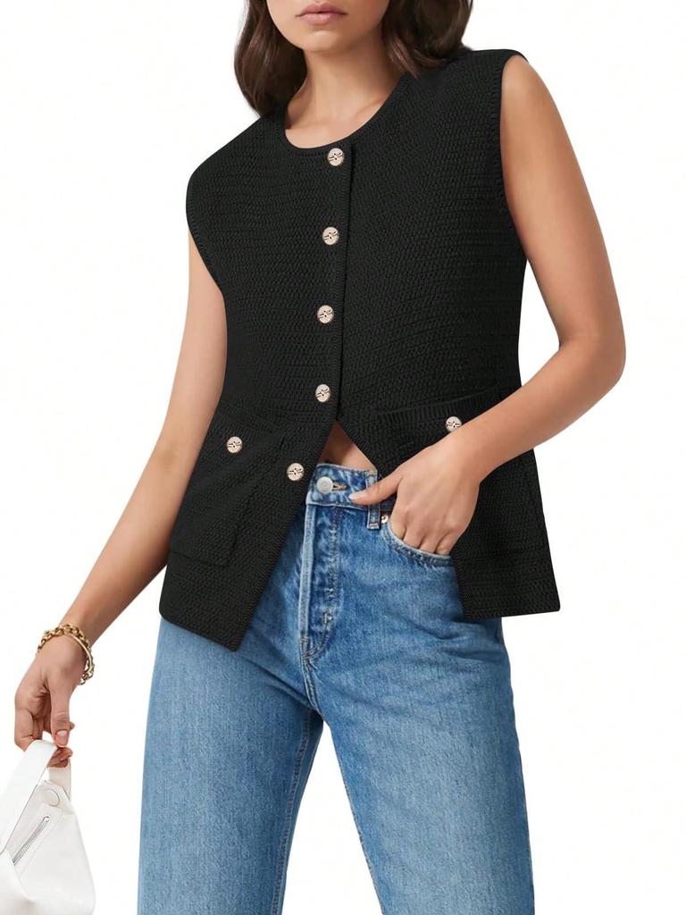 Women's Sleeveless Button Down Sweater Vest Round Neck Knit Cardigan Tank Top
