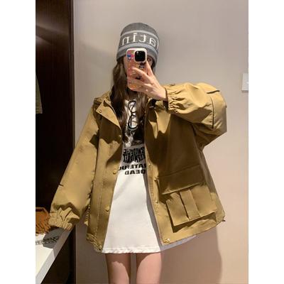 Women's Korean Khaki Work Jacket Women's Spring and Autumn Hooded Jacket