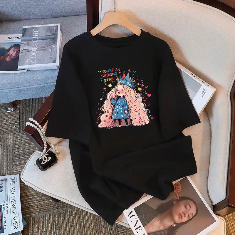 Women's Summer 2026 Cartoon Printed White Loose-Fit Short-Sleeve T-Shirt, Plus Size, Round Neck, Mid-Length, Fashionable.