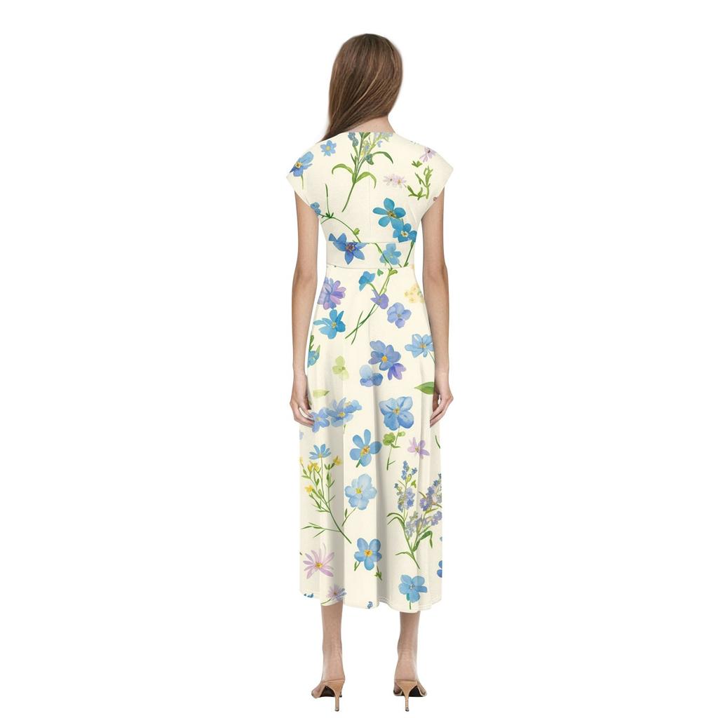 Women's Long Casual Dress Summer Short-Sleeve V-Neck Waist Retraction Printed Dress