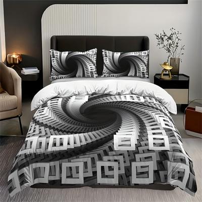 Set 3 piese Husă de Plapumă 3D Pătrată cu Vârtejuri (1 Husă de Plapumă + 2 Fețe de Pernă Fără Umplutură), Lenjerie de pat moale și respirabilă cu imprimeu