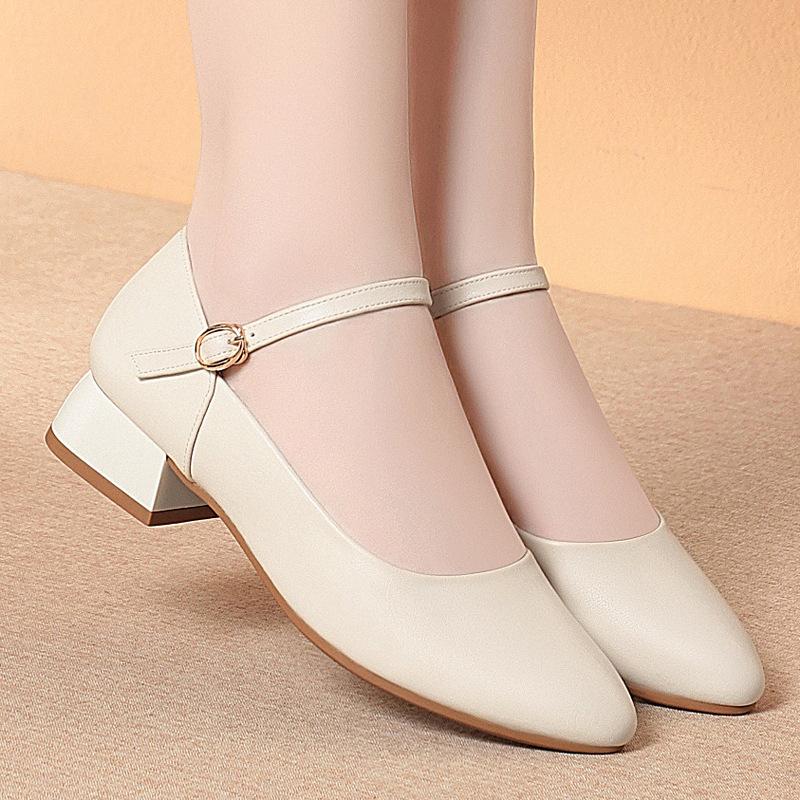 Soft Sole Single Shoes One-Button Thick Heel Round Toe Work Shoes Women's Black Work Shoes Women's Leather Shoes Comfortable