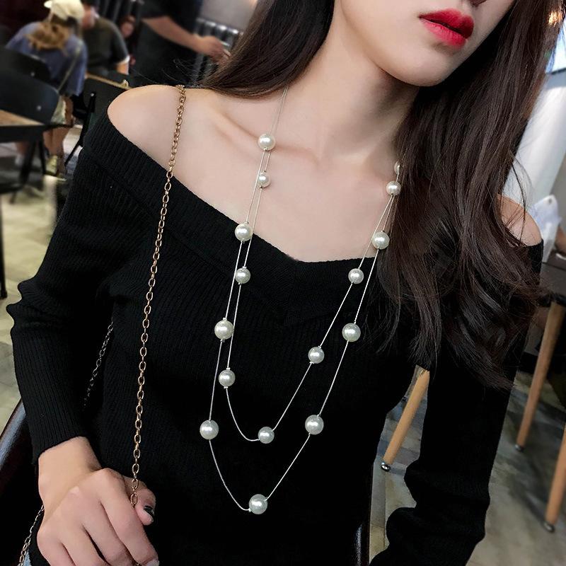 New Elegant Long Double Layer Simulated Pearl Necklace Women Sweater Chain Female Collares Statement Jewlery Accesories