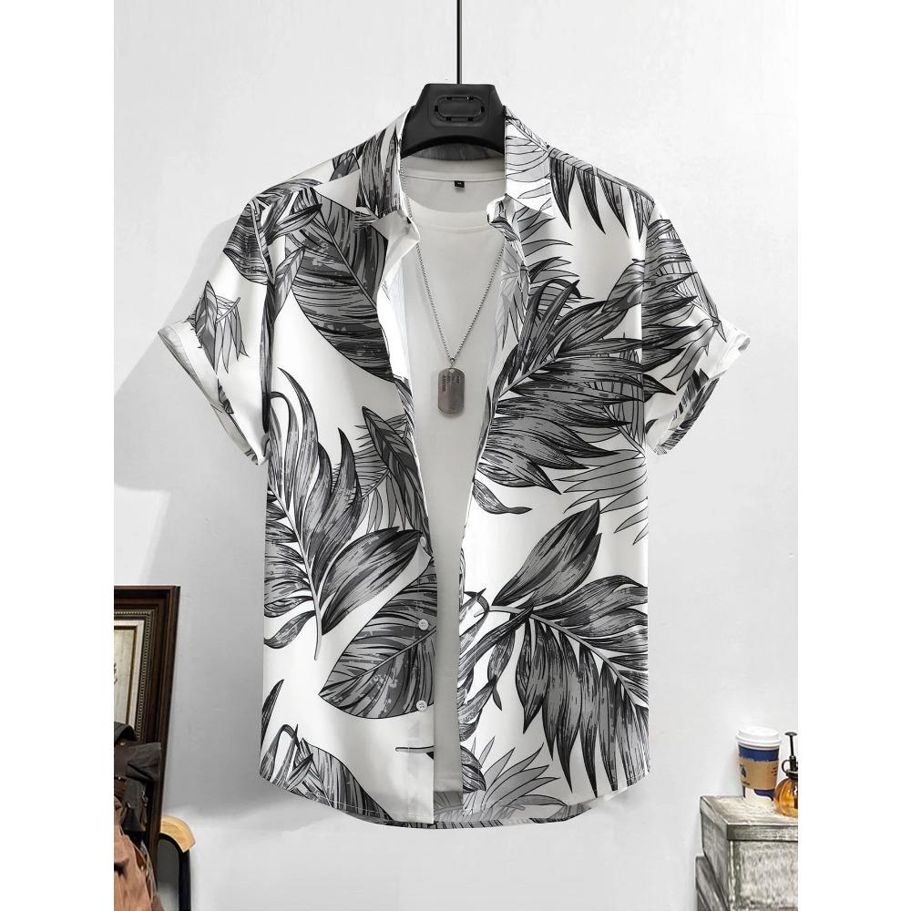 Men's Hawaiian shirt with 3D printing of tropical leaves, Licra short sleeved Hawaiian shirt for outdoor vacations, beaches, and summer