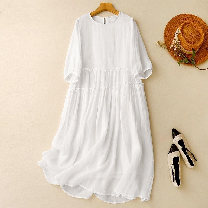 

Платье женское летнее свободное из хлопка и льна однотонное с рукавом три четверти с круглым вырезом фото фея большой маятник отпуск пляжное платье M