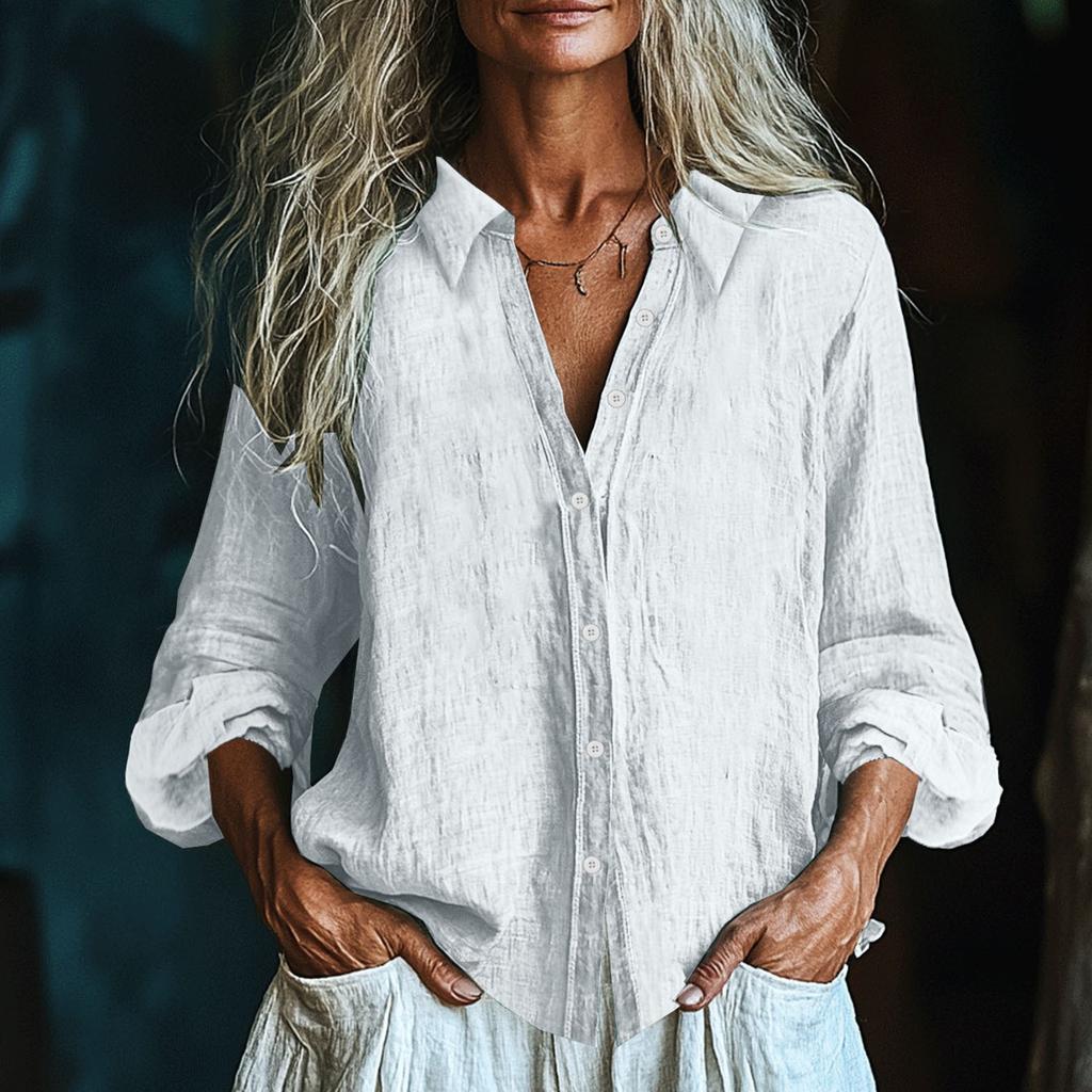 Women's Fashionable And Casual Solid-color Long-sleeved Cotton And Linen Shirt Top