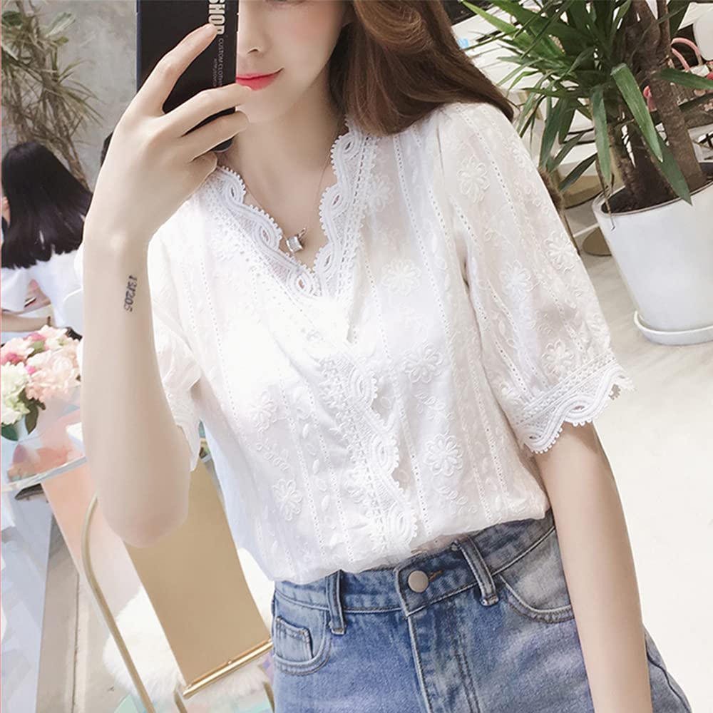 2019 Summer Embroidered Tops Cotton Fabric Blouse Embroidered Shirt Scallop Collar Short Sleeve Lace Elegant Cute Floral Pattern Thin Loose Fit
