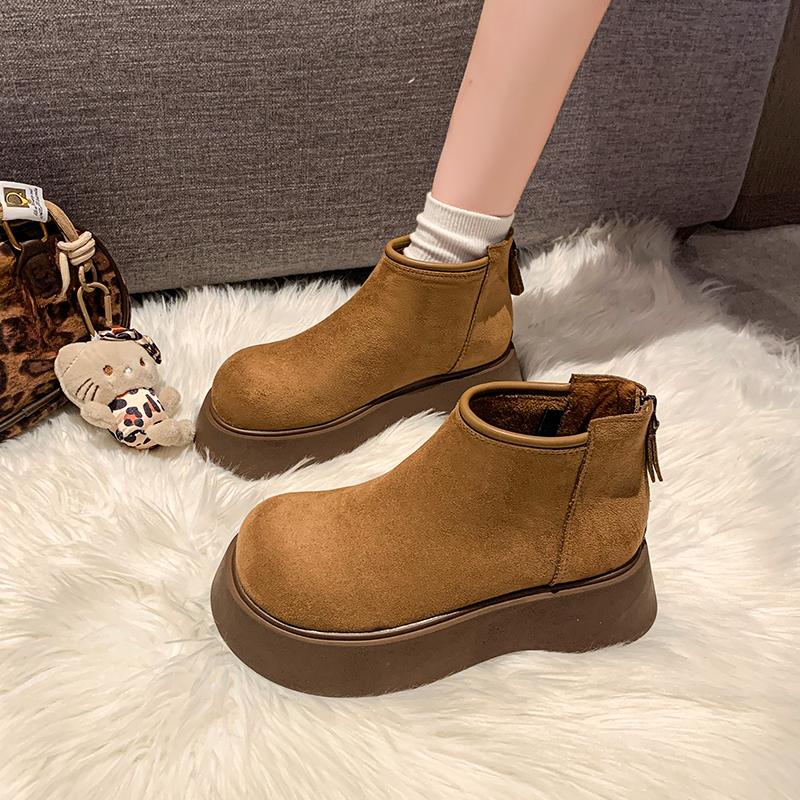 Women's Fashion Platform Snow Boots Winter New Round Head Suede Back Zipper Anti-slip Wear-resistant Short Boots