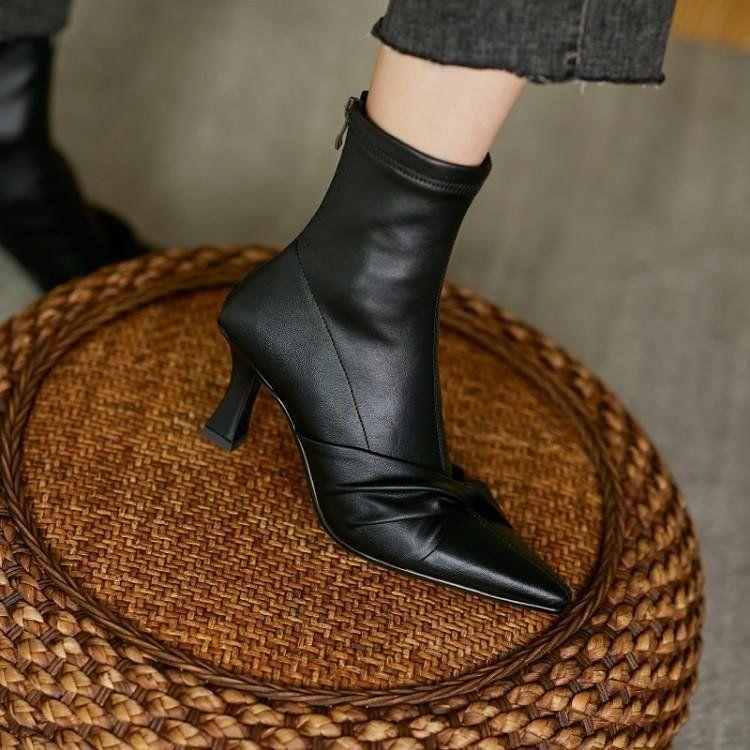 Thin Heel High Heel Thin Boots Women's Bow 2025 Autumn and Winter New Korean Version Elastic Rear Zipper Middle Heel Short Boots Women