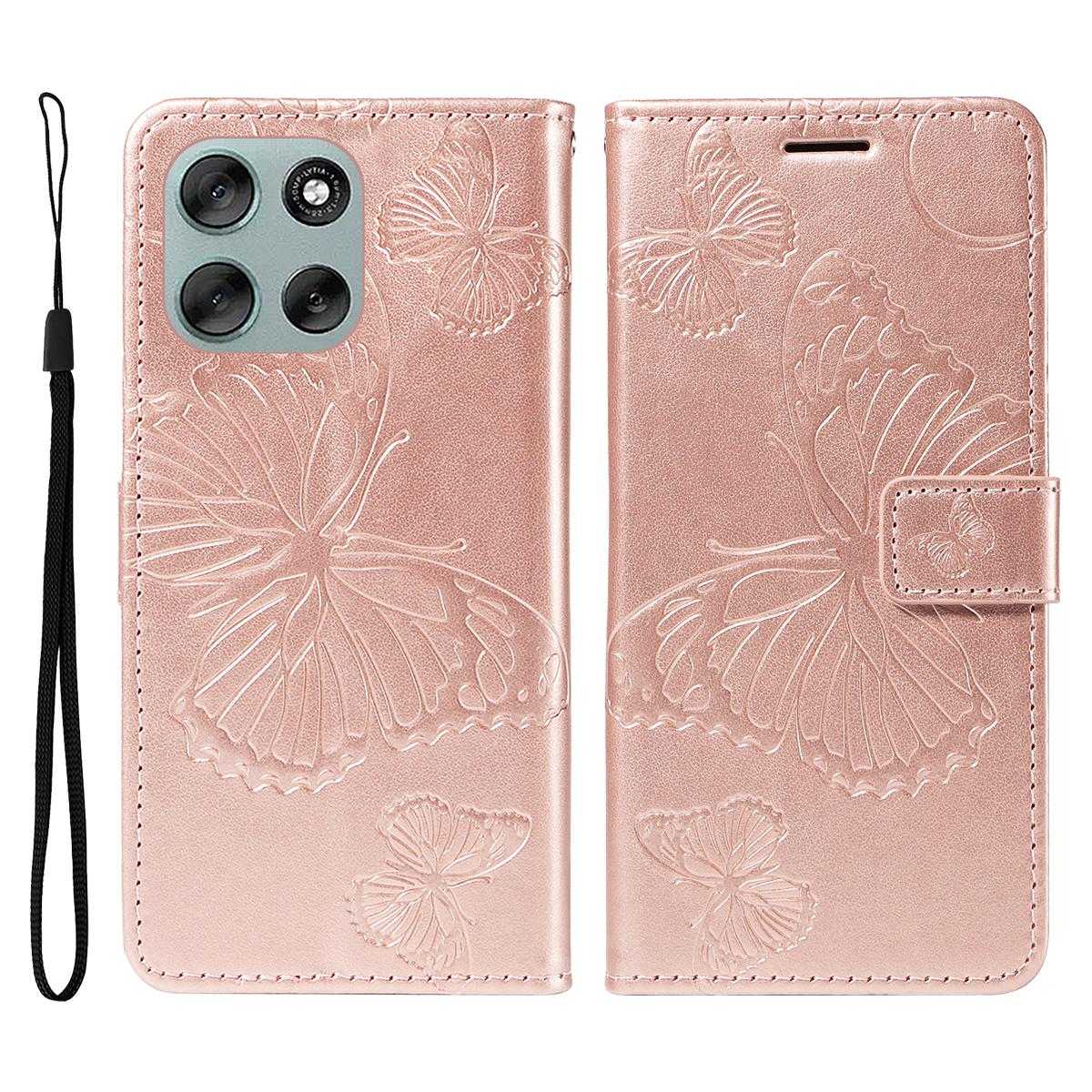 

For Motorola Moto G56 5G Wallet Case Floral Butterfly Imprinted Leather Phone Cover Stand Rose Gold