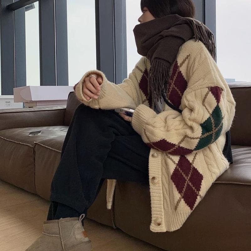 Argyle Design V-Ausschnitt Strickjacke Damen Einfach Vielseitig Damen Pullover Mantel Herbst Winter Täglich Schickes Oberteil