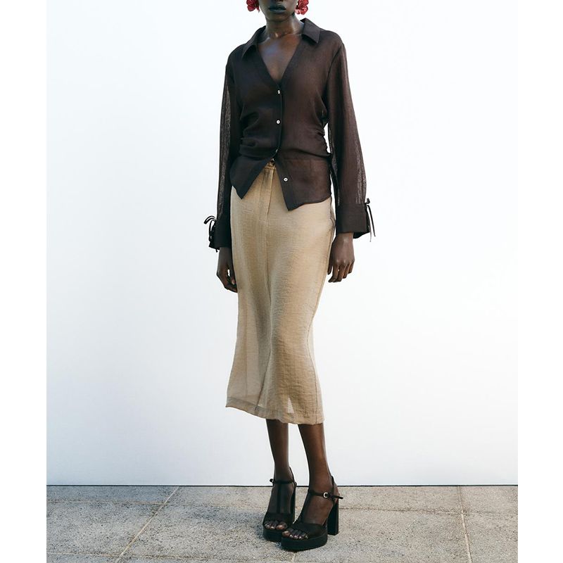 Summer New Product Women Clothes Western Style Bowknot Decoration Translucent Long Sleeve V-neck Shirts Top 3666052