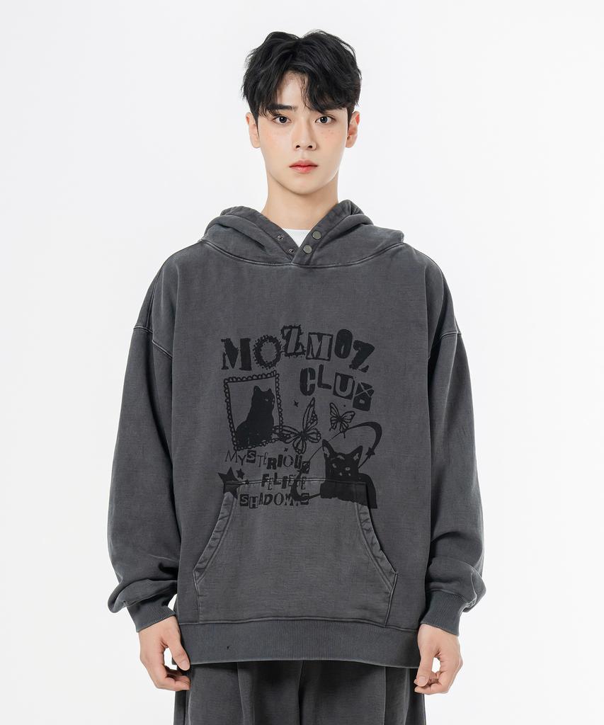 Terry Brushed Pigment Mystery Cat Oversized Hoodie Charcoal