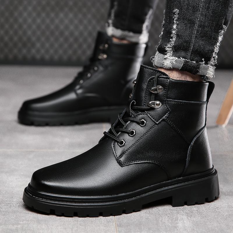 2025 Winter New Men's Lace-up Martin Boots Men's Velvet Warm Cotton Leather Boots Large Cotton Shoes Non-slip and Wear-resistant 575