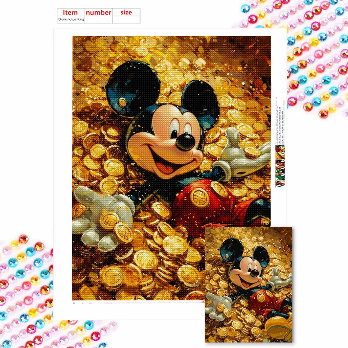 

5D Diy Diamond Painting Mickey In The Pile of Gold Coins Full Drill Rhinestones Mosaic Embroidery Handmade Products Home Decor Gift Round 20x30cm