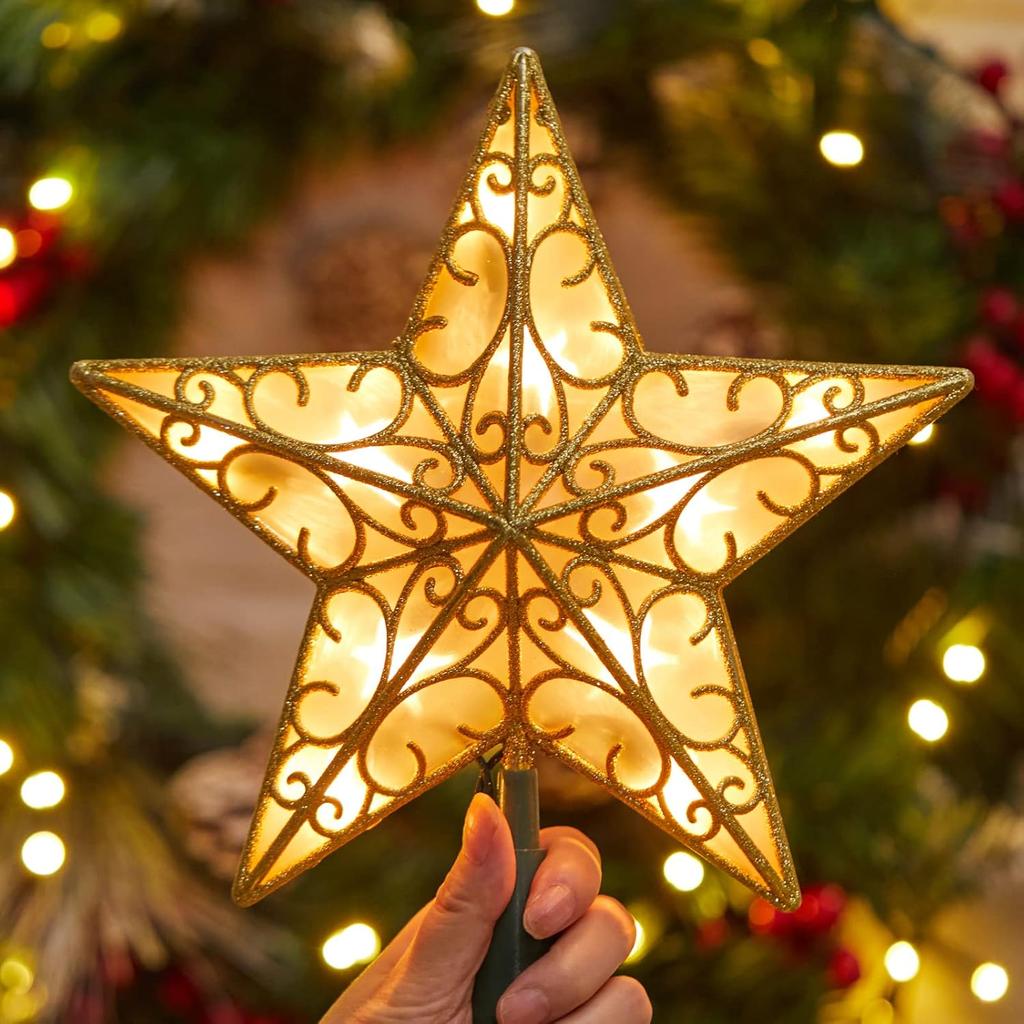 Christmas Star Tree Topper, Plug in Sliver Glittered 3D Star Tree Topper, Metal Hollow Designed Built-in 10 Bulbs String Lights for Indoor Office