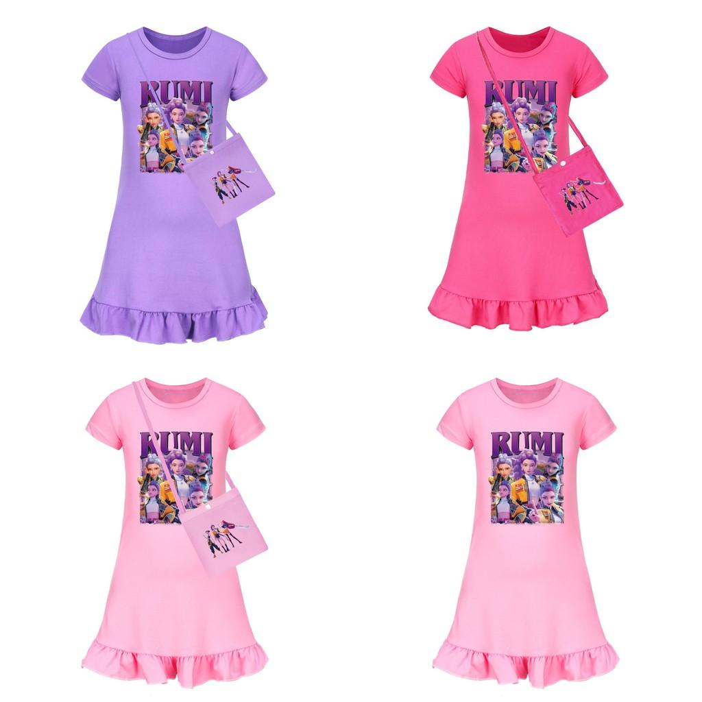 Demon Kpop Hunters Girl Short Sleeve Sleep Dress With Ruffle Hem For Use Bedroom
