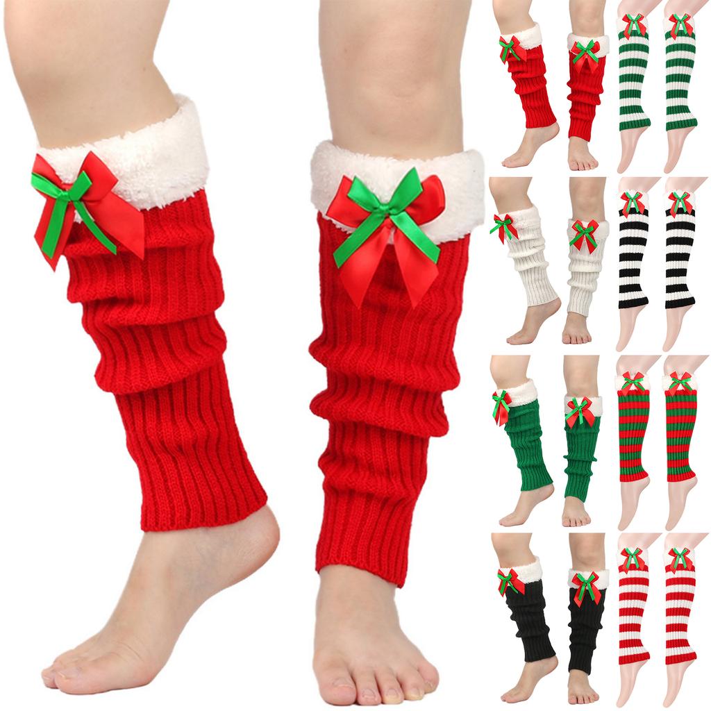 Women's Winter Thickened Christmas Socks With Bowknot, Stackable Knitted Woolen Leg Warmers