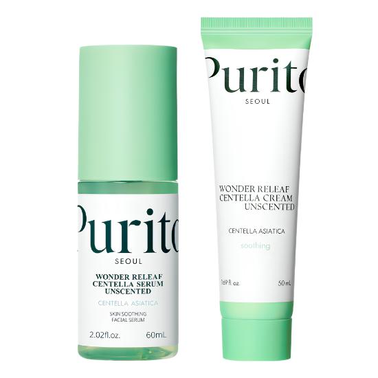 Purito Seoul Wonder Releaf Centella Serum Unscented+Cream Unscented Set | Fragrance Free Sensitive Skin Barrier Care