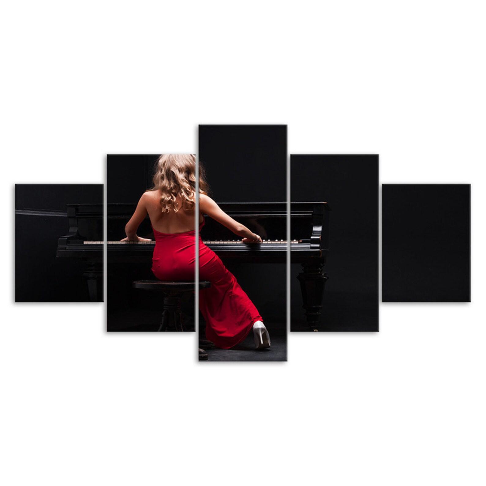 

Red Dress Woman Playing Piano Canvas 5 Piece Five Panel Wall Print Modern Art Poster Picture Home Decor Gift For Him For Her 20x35 20x45 20x55cm