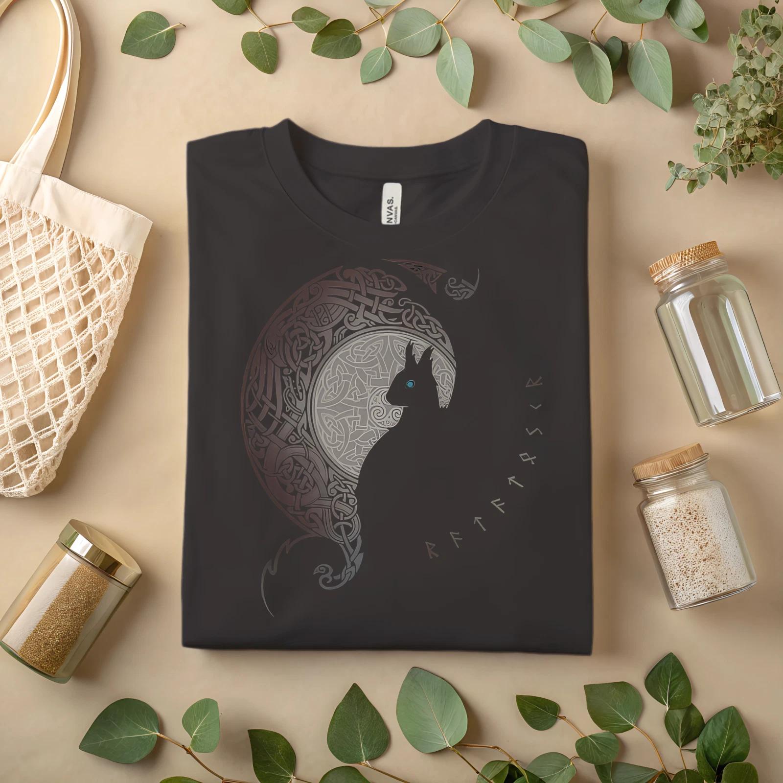 Viking Norse Cat T-Shirt – Celtic Knot Moon Graphic Tee with Runes A120 2XL