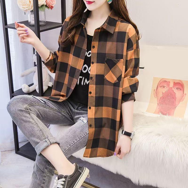 Spring and Autumn Lapel Button Plaid Shirt Women's Mid-length Sunscreen Jacket