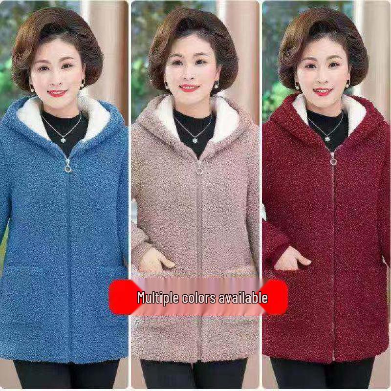2025 Stylish Winter Coat for Middle-Aged Women: Plus Size, Hooded, Thickened Fleece Jacket with Velvet, Autumn/Winter