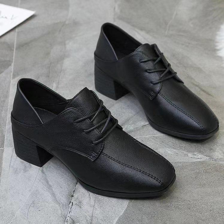Coarse heel British style small leather shoes autumn new square head retro college style student lace-up medium heel single shoes