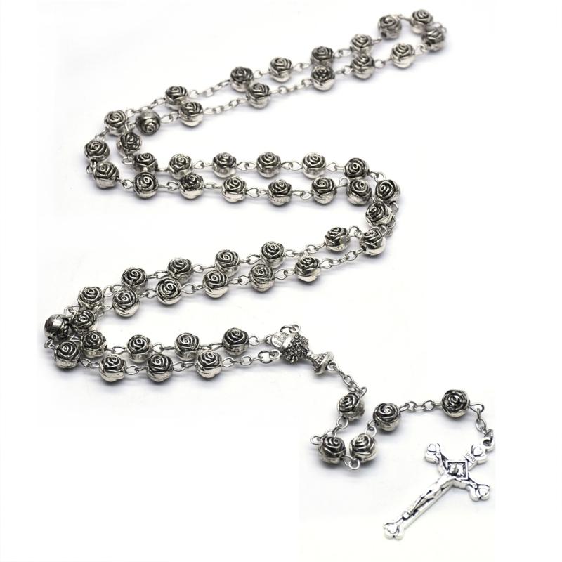 Catholic Rose Rosary Necklace Cross Pendant Beaded Necklaces Religious Jewelry