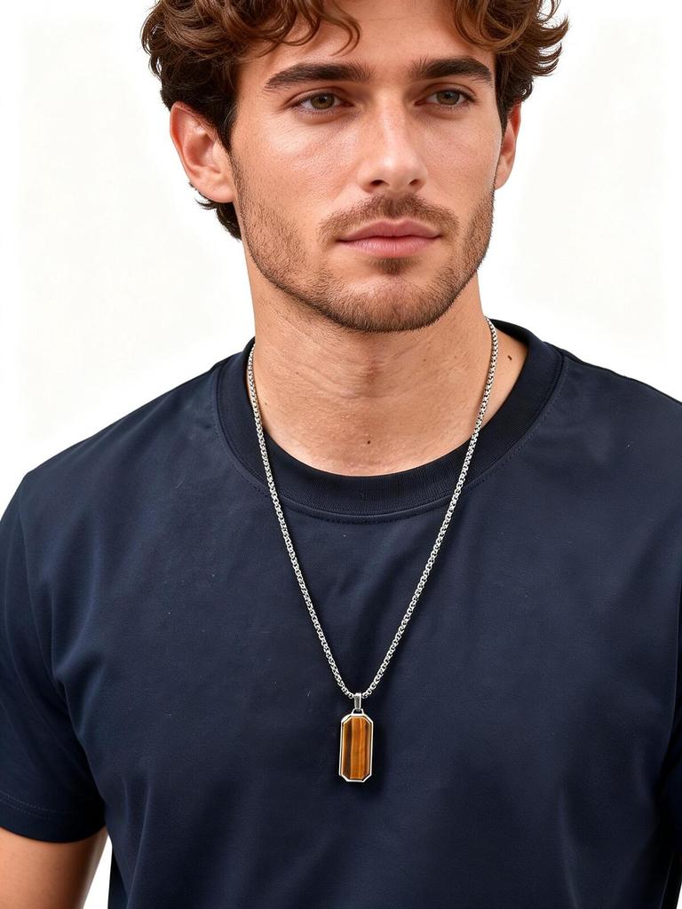 Small Dogtag Tiger Eye Stone Necklace for Men,Stainless Steel Silver Color Natural Stone Pendant,Punk Biker Jewelry Gift