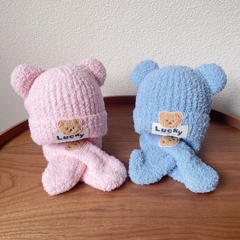 Bear Kids Crochet Hat Solid Color Children's Ear Protection Hat Winter Baby Hat with Scarf  Boys