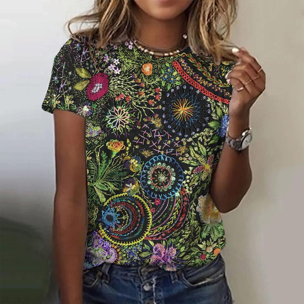 Vintage Print Top Women Short Sleeved Streetwear Summer Tee Women's Fashion Casual O Neck T Shirts Y2k Oversized Female Clothing