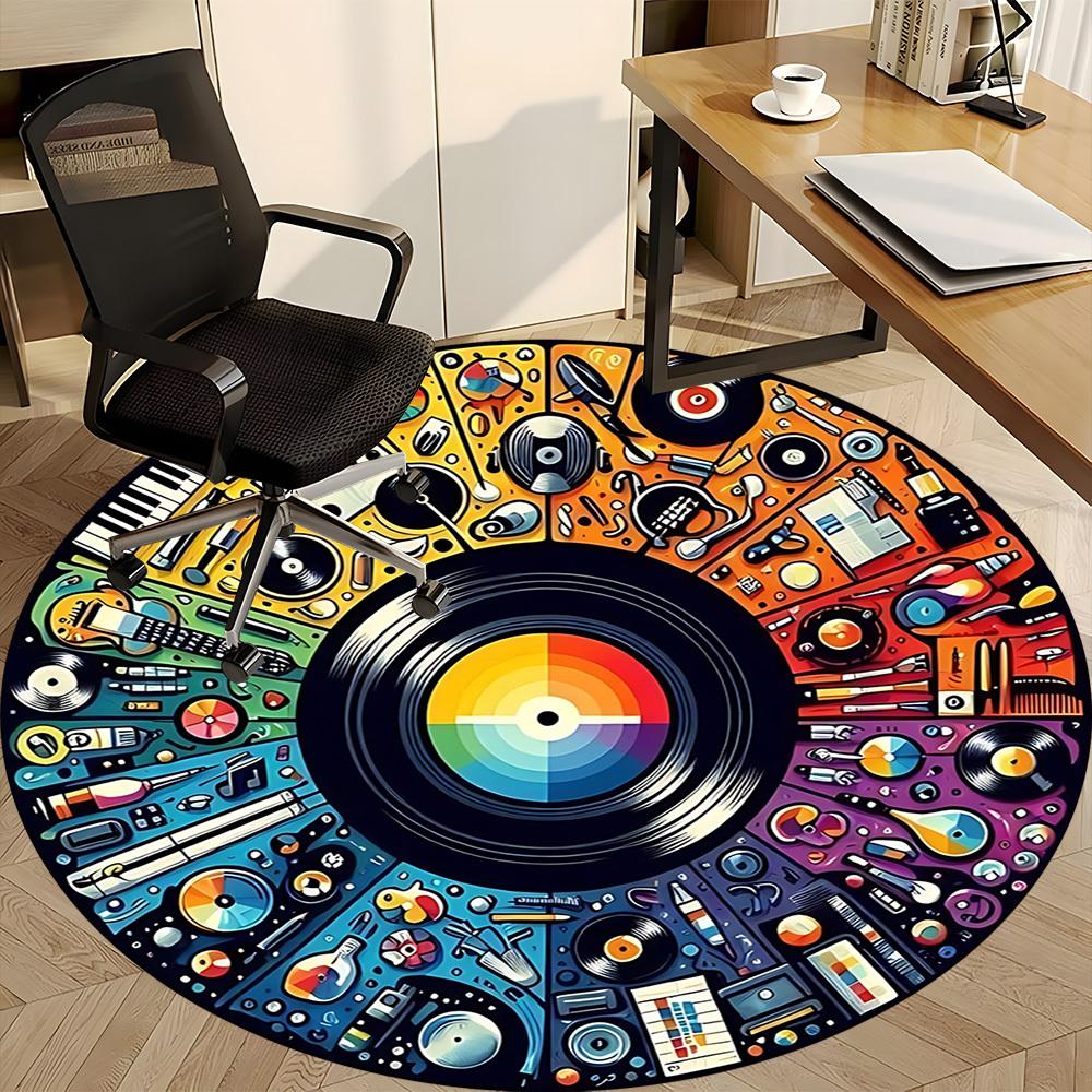 1pc Vinyl Record Chair Carpet for Office, Round Polyester Mat, Indoor Decor for Office, Easycare Fabric, Washable Non-slip Area Carpet