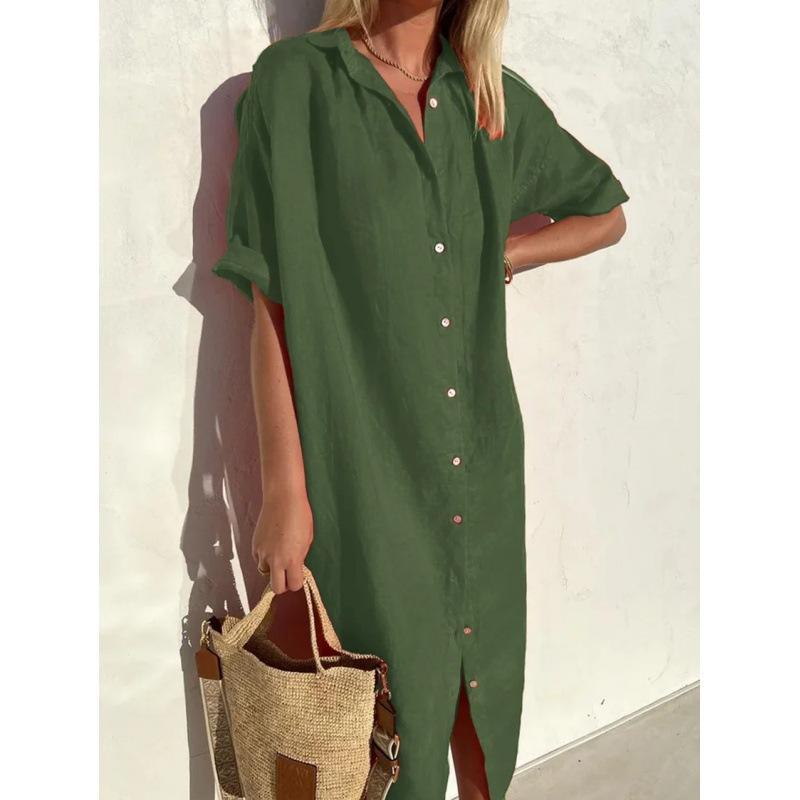 Abito Chemise Midi in Lino da Donna Bottoni Frontali Completi Tasche Laterali Spacco Laterale Oversize Ampia Tunica Traspirante Elegante Copricostume da Spiaggia Vestito Estivo