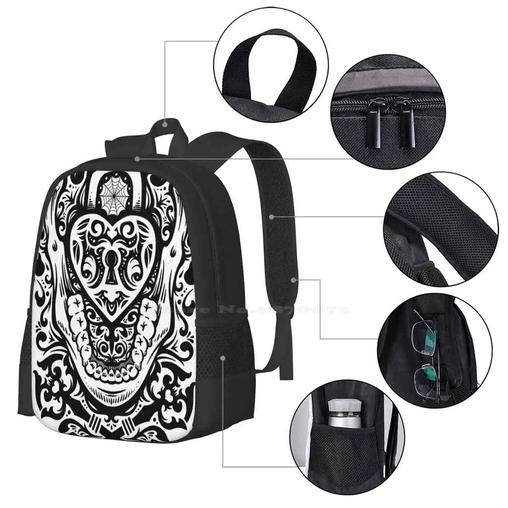 The Key To My Teeth 3d Print Design Backpack Student Bag Skull Bone Heart Key Lock Horror Metal Punk