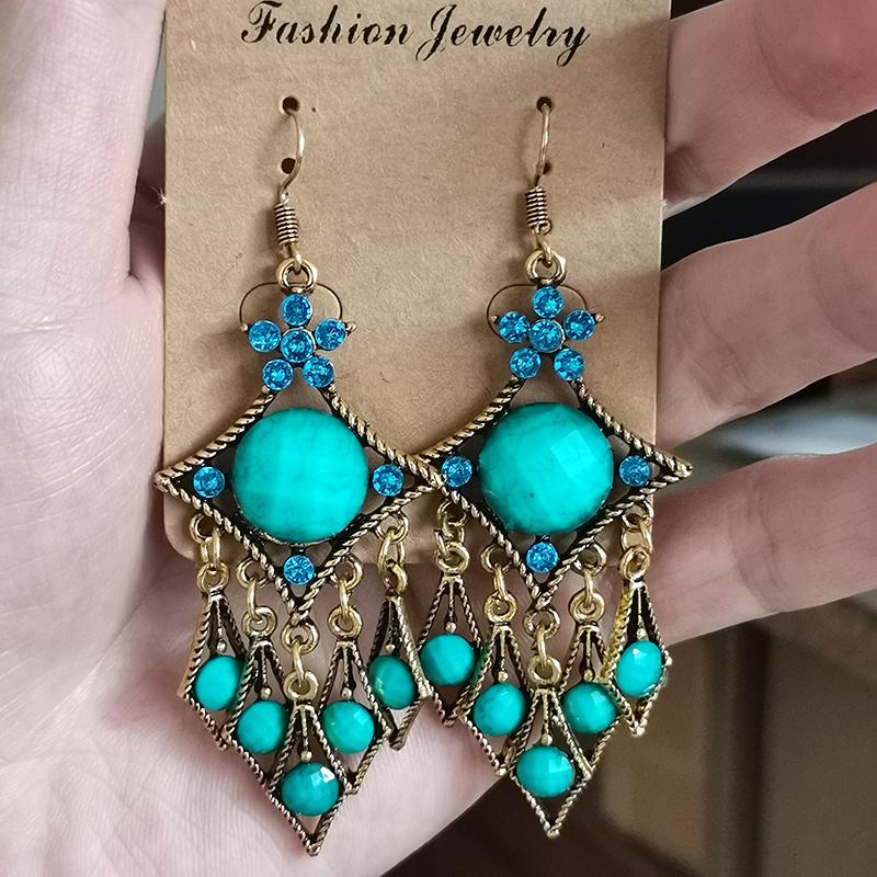 Antique Gold Color Ethnic Rhombus Water Drop Earrings for Women Elegant Long Insert Rhinestone Acrylic Geometric Dangle Earring