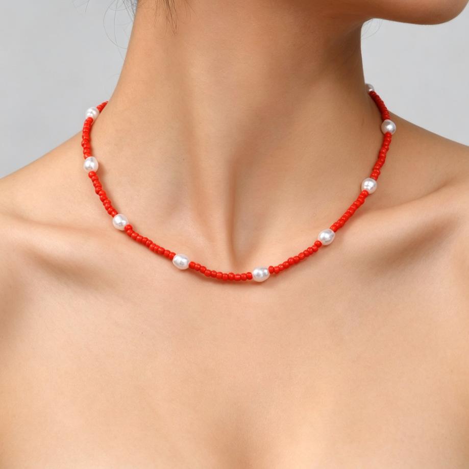 Simple Classic Creative Round Beads Rice Beads Woven Neck Necklace Vacation Wind Beaded Contrasting Color Necklace Collarbone Chain Women