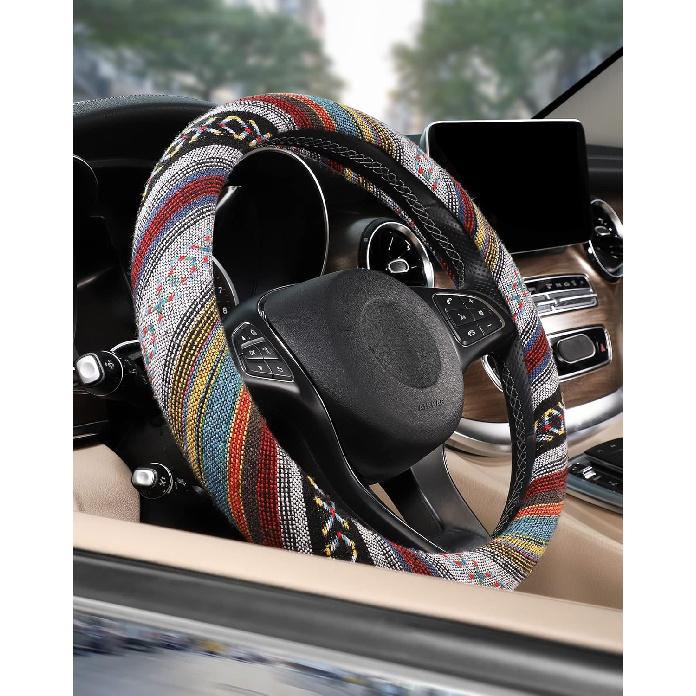 SEG Direct Boho Steering Wheel Cover With Baja Blanket Cloth, Ethnic Style Auto Wheel Cover Made Of Coarse Flax, Fits 14 1/2-15 1/4 Inches Car Wheel