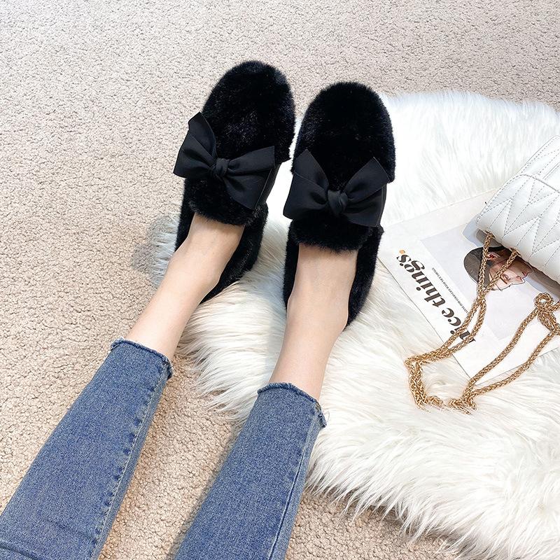 Fashion 2025 Big Size 35-43 Women Mink Hair Shoes Fur Flats Winter Lace Butterfly-Knot Loafers Femme Plush Cotton Mocasines Fluffy Boots