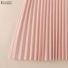 ZANZEA Women Casual Round Neck Short Sleeve Elegant Pleated Dress