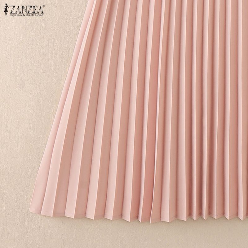 ZANZEA Women Casual Round Neck Short Sleeve Elegant Pleated Dress
